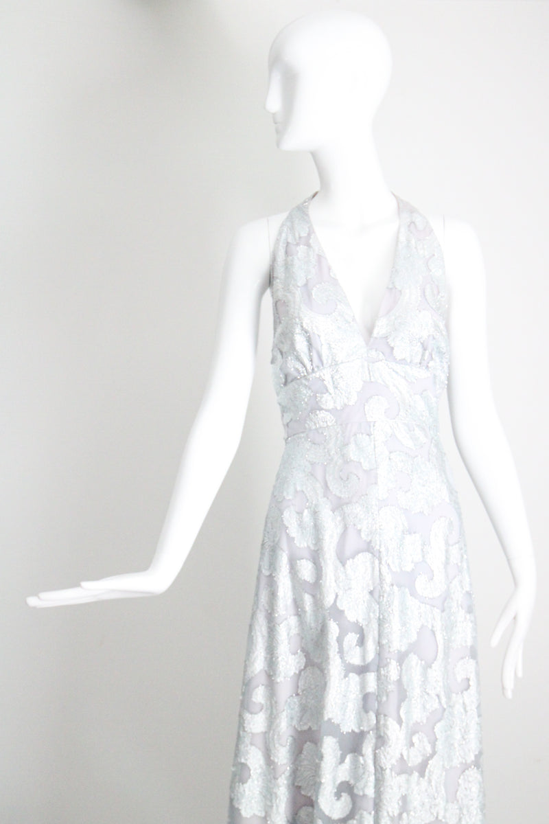 "Dove Blue & Silver Lurex" Vintage 1970's Silver Lurex Evening Gown & Jacket Set UK 12 US 8