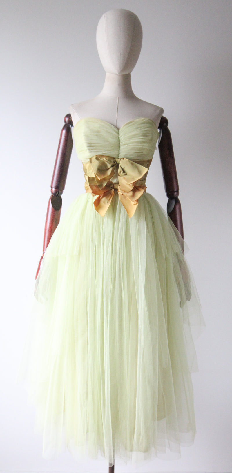 "Pistachio Tulle" Vintage 1950's Pistachio Tulle & Bow Dress UK 6 US 2