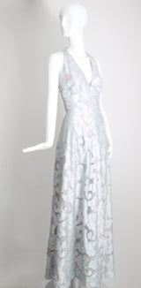 "Dove Blue & Silver Lurex" Vintage 1970's Silver Lurex Evening Gown & Jacket Set UK 12 US 8