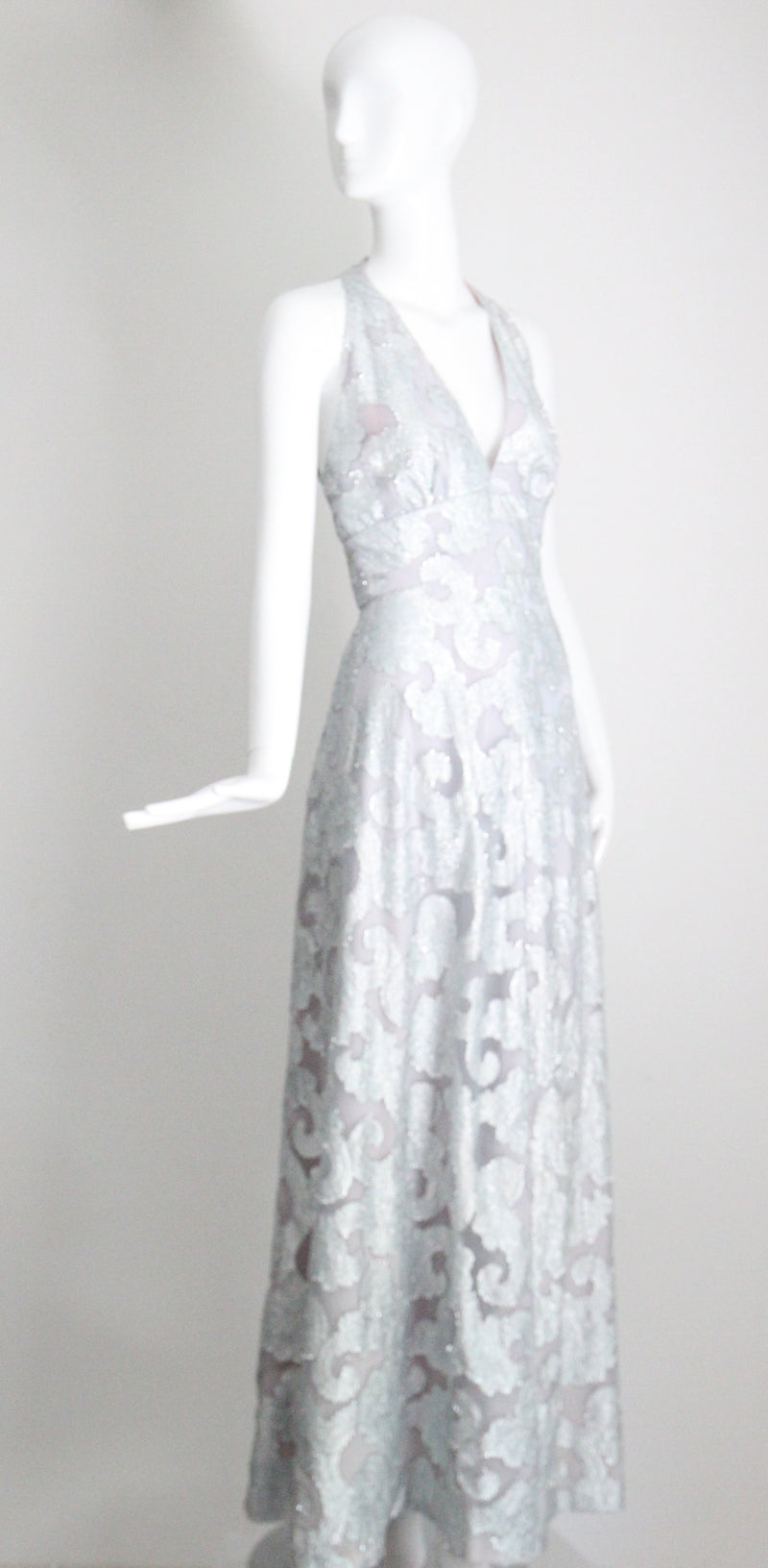 "Dove Blue & Silver Lurex" Vintage 1970's Silver Lurex Evening Gown & Jacket Set UK 12 US 8