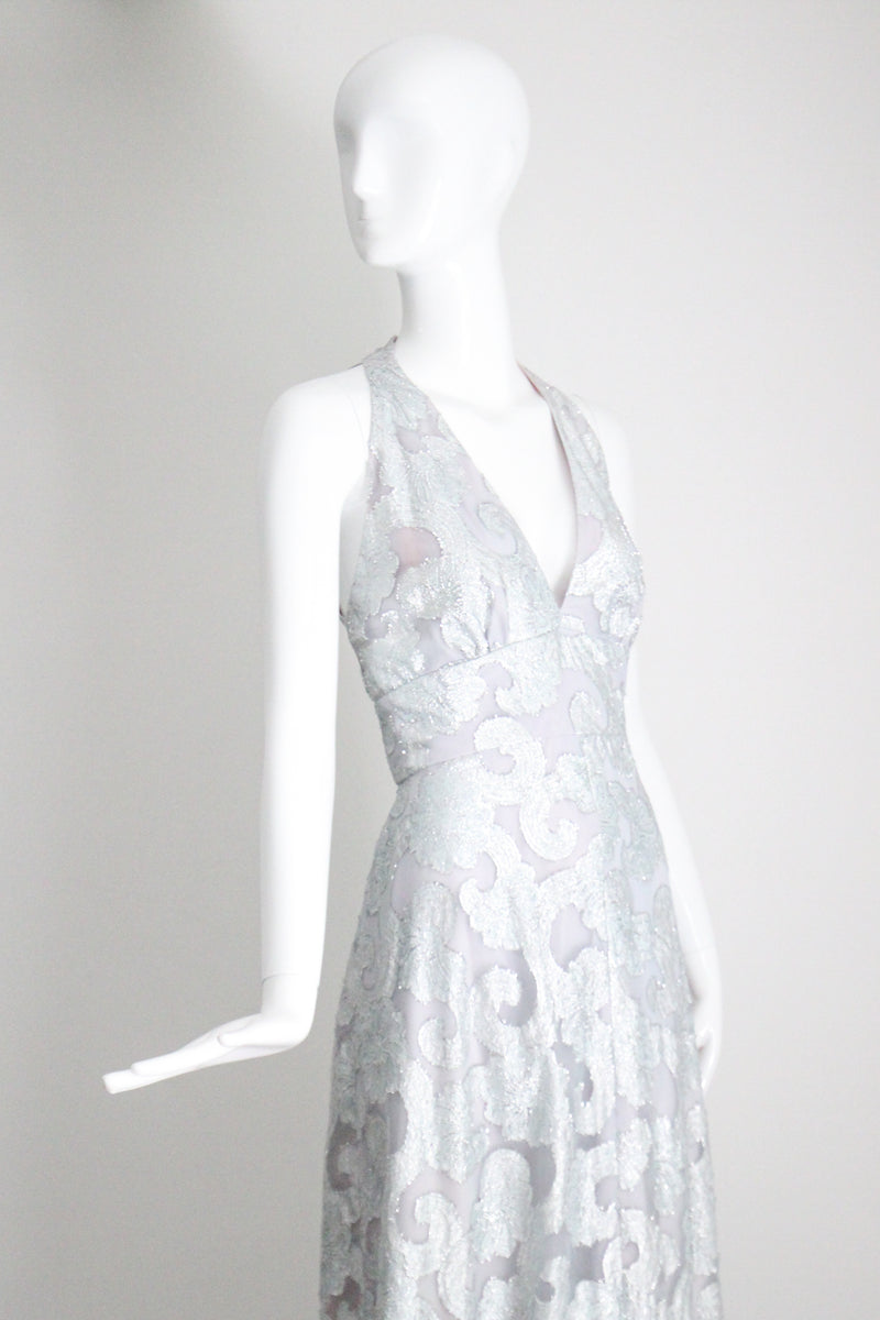 "Dove Blue & Silver Lurex" Vintage 1970's Silver Lurex Evening Gown & Jacket Set UK 12 US 8