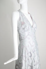 "Dove Blue & Silver Lurex" Vintage 1970's Silver Lurex Evening Gown & Jacket Set UK 12 US 8