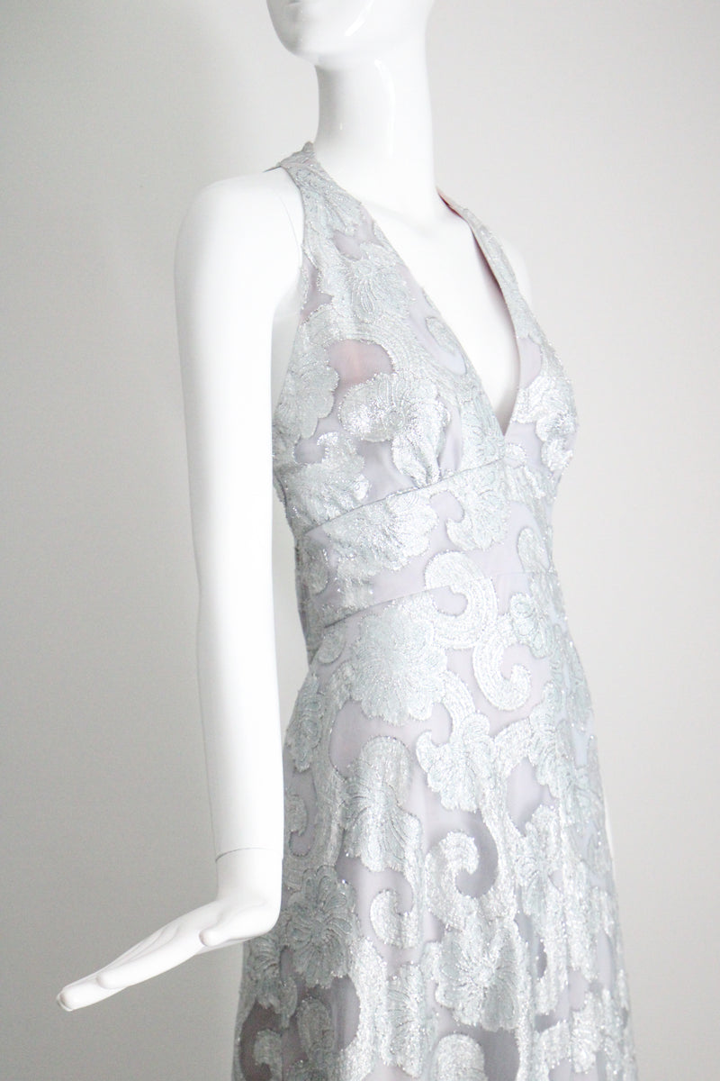 "Dove Blue & Silver Lurex" Vintage 1970's Silver Lurex Evening Gown & Jacket Set UK 12 US 8