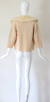 "Embroidered Golden Leaves" Vintage 1950's Cream Wool Embroidered Cardigan US 6-8 UK 10-12