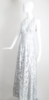 "Dove Blue & Silver Lurex" Vintage 1970's Silver Lurex Evening Gown & Jacket Set UK 12 US 8