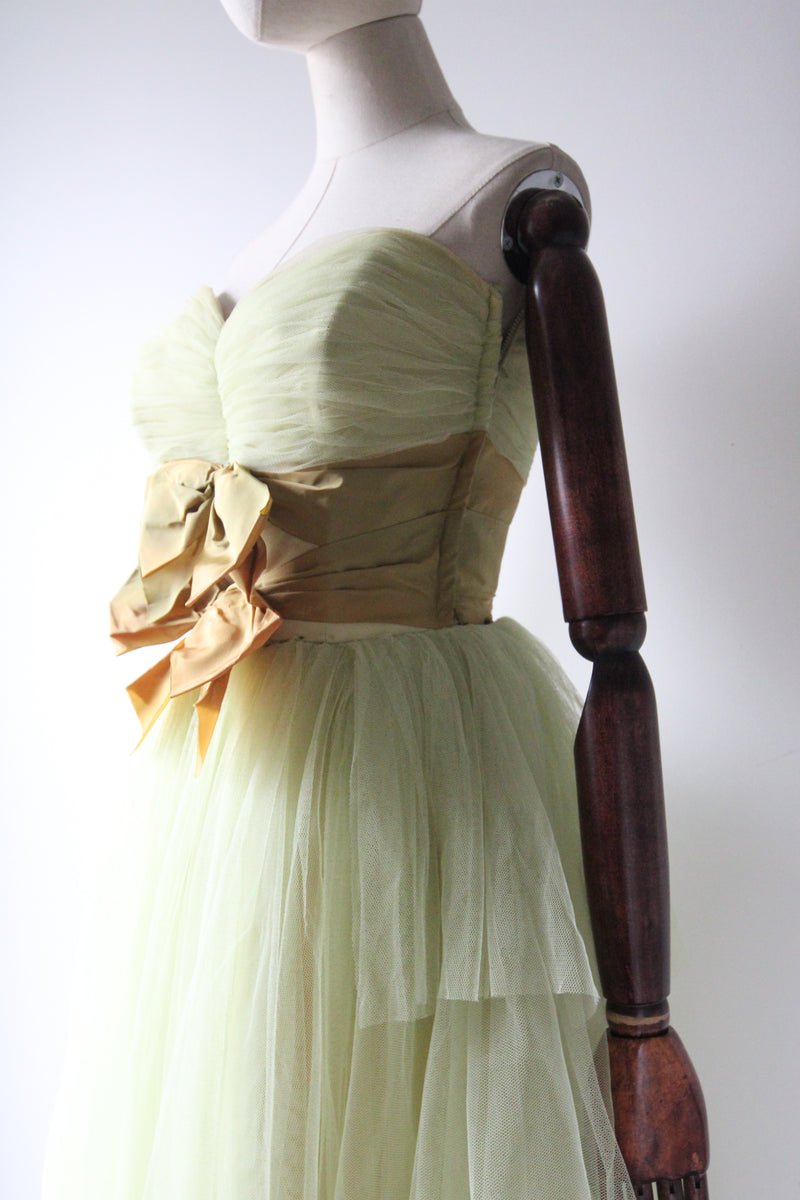 "Pistachio Tulle" Vintage 1950's Pistachio Tulle & Bow Dress UK 6 US 2