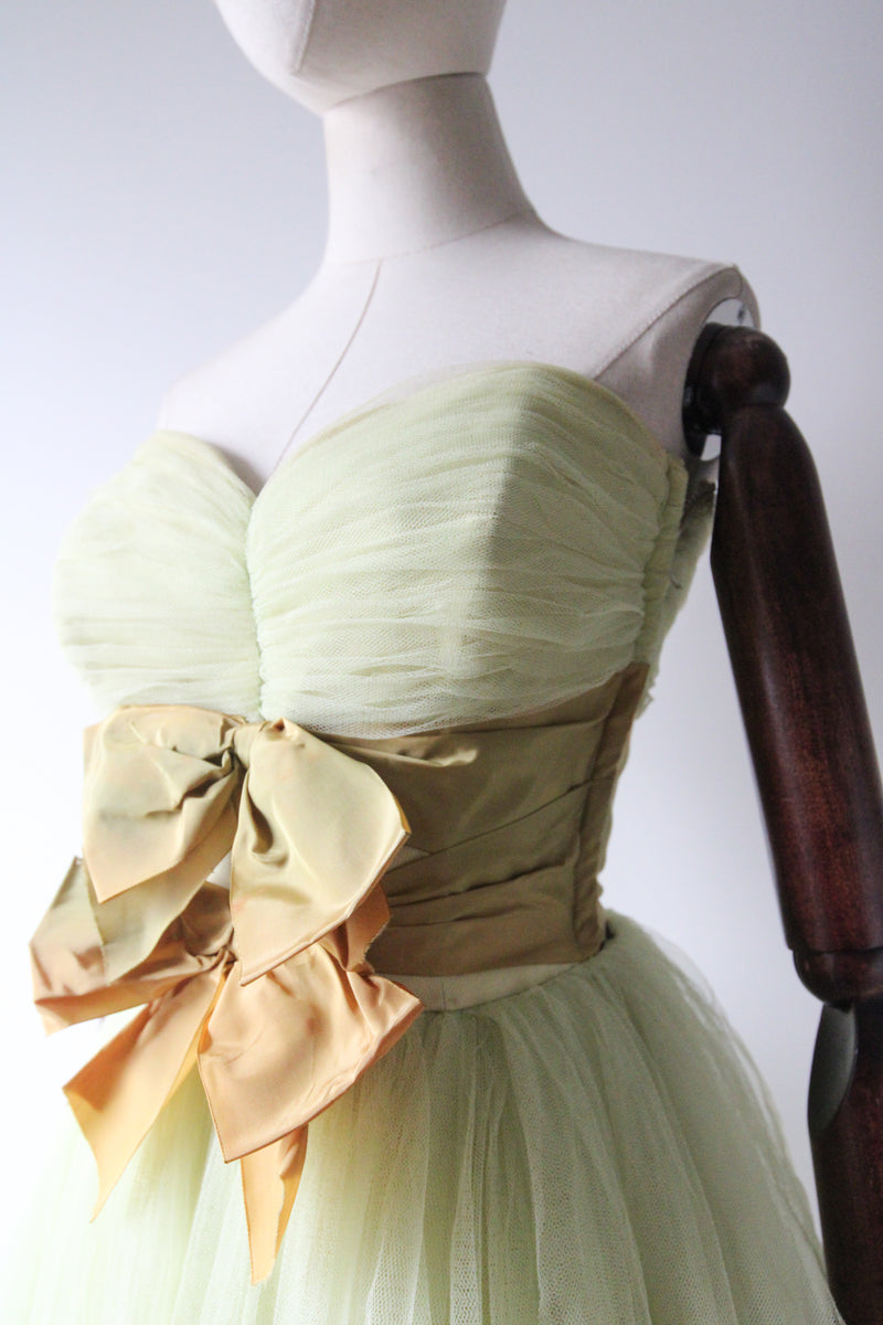 "Pistachio Tulle" Vintage 1950's Pistachio Tulle & Bow Dress UK 6 US 2