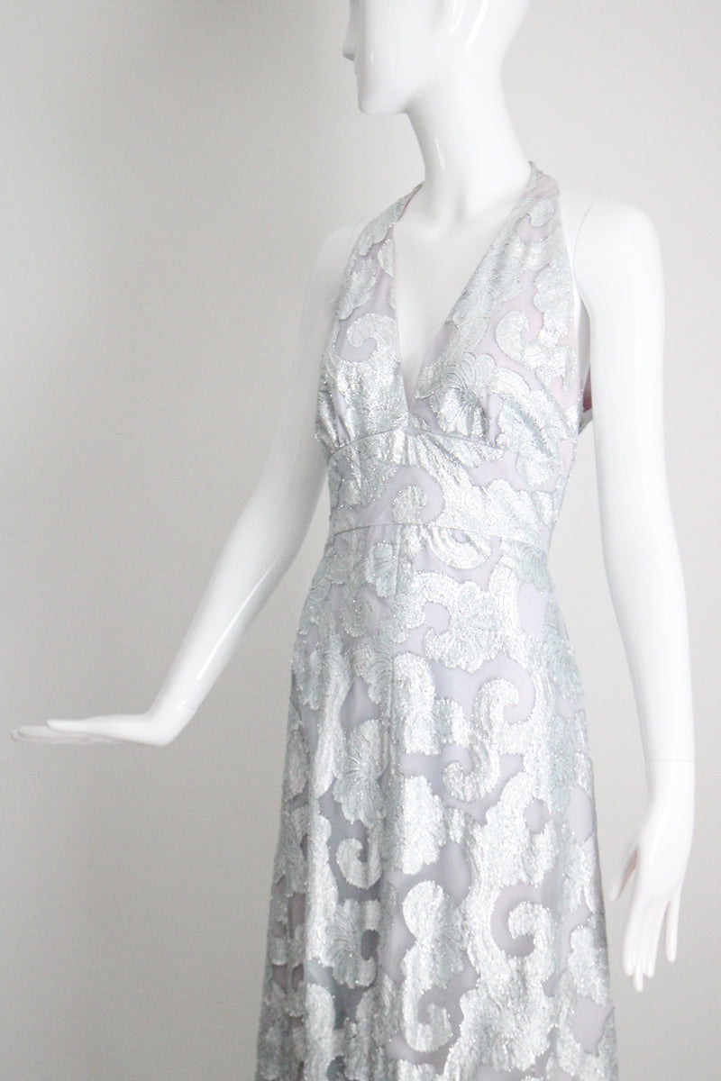 "Dove Blue & Silver Lurex" Vintage 1970's Silver Lurex Evening Gown & Jacket Set UK 12 US 8