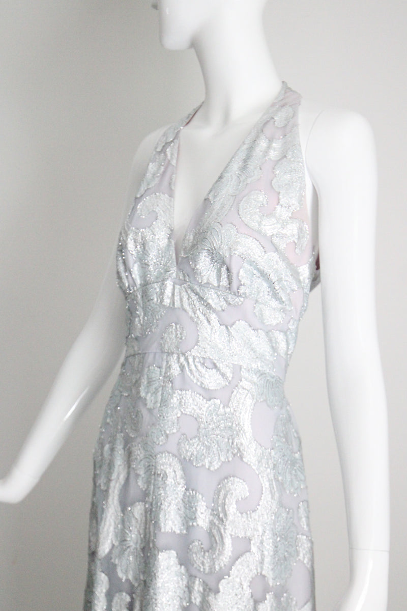 "Dove Blue & Silver Lurex" Vintage 1970's Silver Lurex Evening Gown & Jacket Set UK 12 US 8