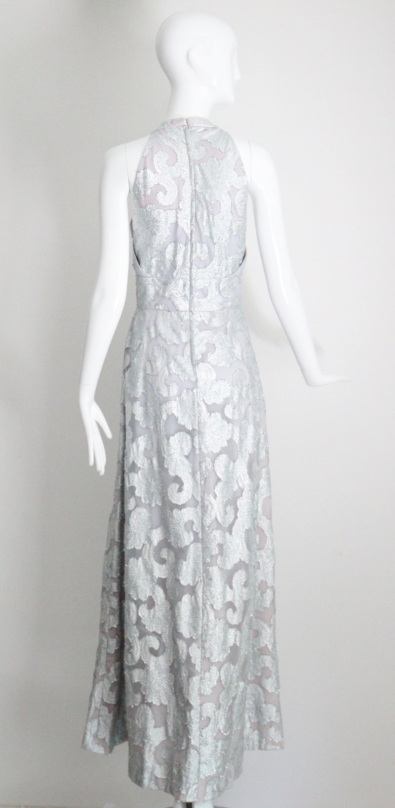 "Dove Blue & Silver Lurex" Vintage 1970's Silver Lurex Evening Gown & Jacket Set UK 12 US 8