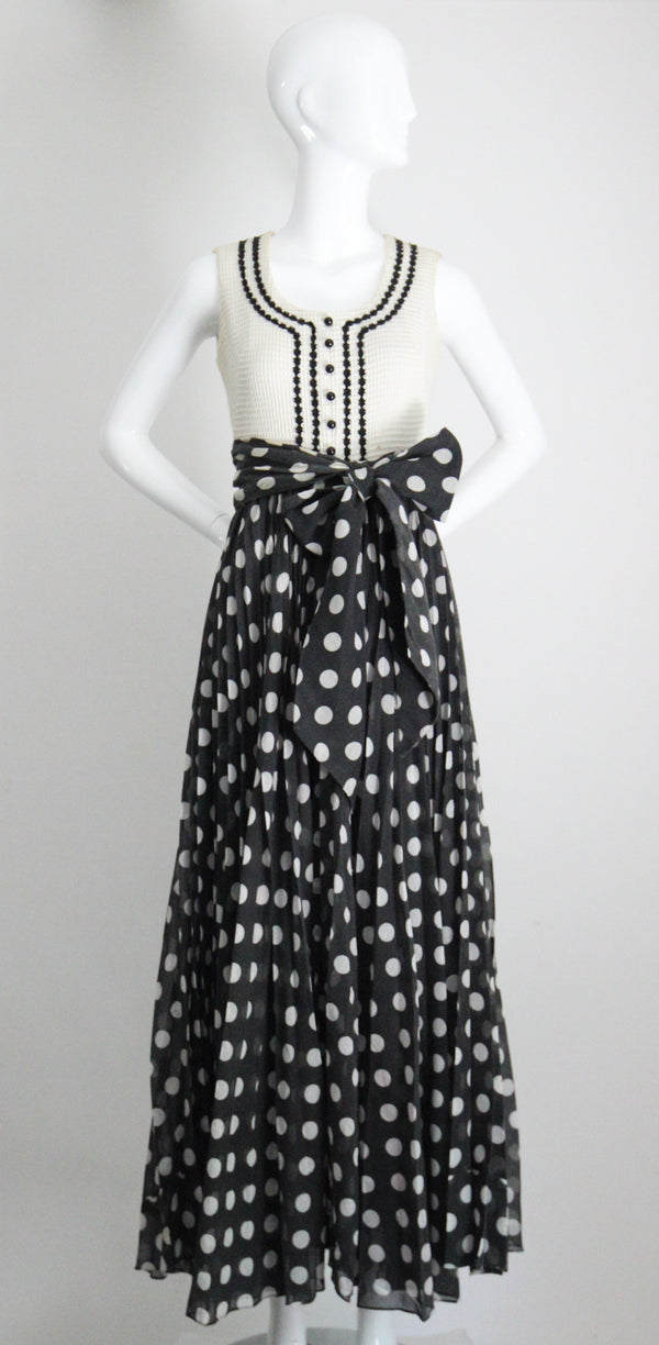 "Monochrome Polkadots" Vintage 1960's Monochrome Polkadot Maxi Dress UK 8 US 4