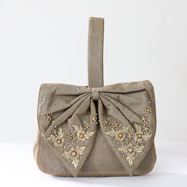 "Embellished Bow" Vintage 1940's Embroidered & Beaded Bow Wristlet Handbag