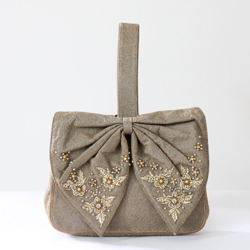 "Embellished Bow" Vintage 1940's Embroidered & Beaded Bow Wristlet Handbag