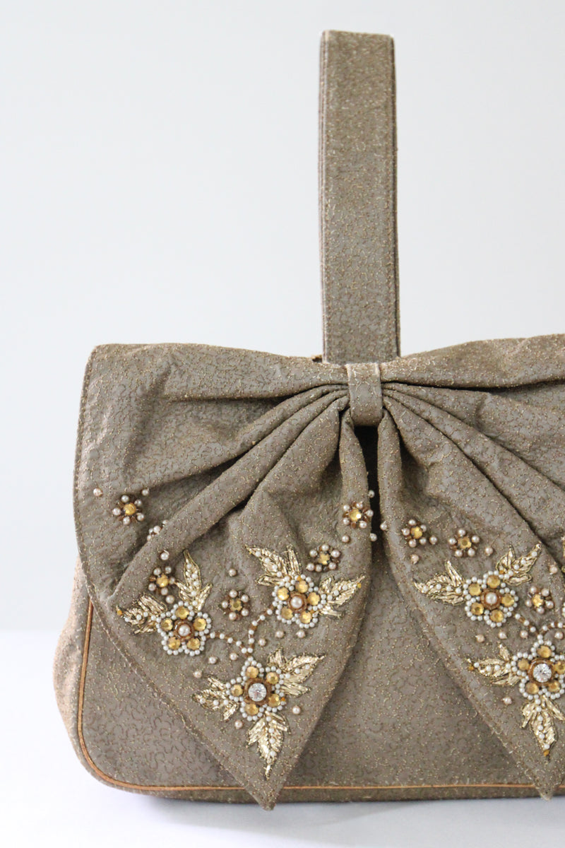 "Embellished Bow" Vintage 1940's Embroidered & Beaded Bow Wristlet Handbag
