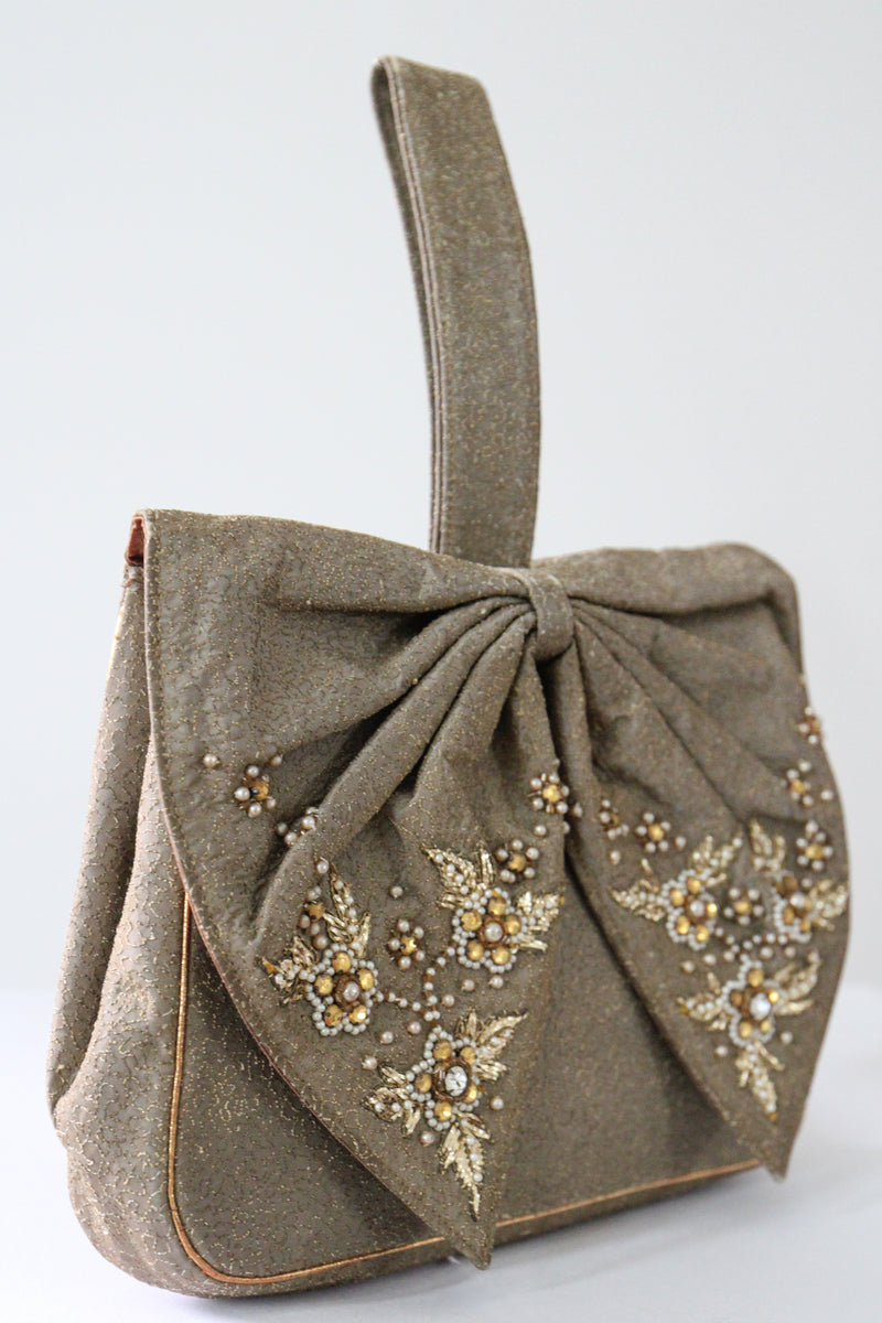 "Embellished Bow" Vintage 1940's Embroidered & Beaded Bow Wristlet Handbag