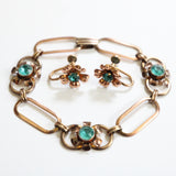 "Van Dell Florals" Vintage 1930's Gold Filled Floral Turquoise Rhinestone Demi-Parure Set