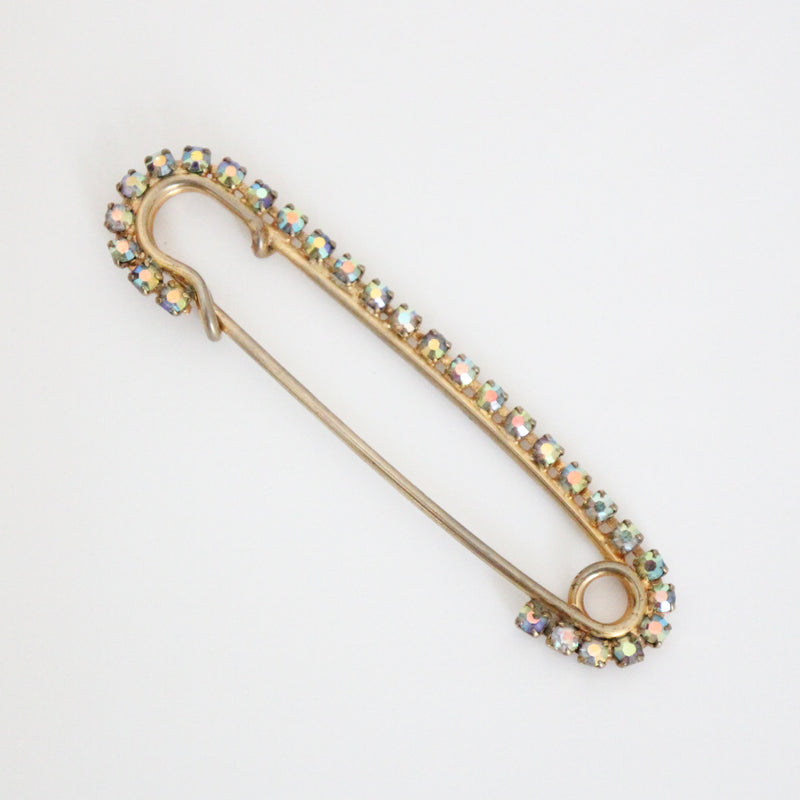 "Rhinestone Safety Pin" Vintage 1950's Statement Iridescent Rhinestone Safety Pin Brooch