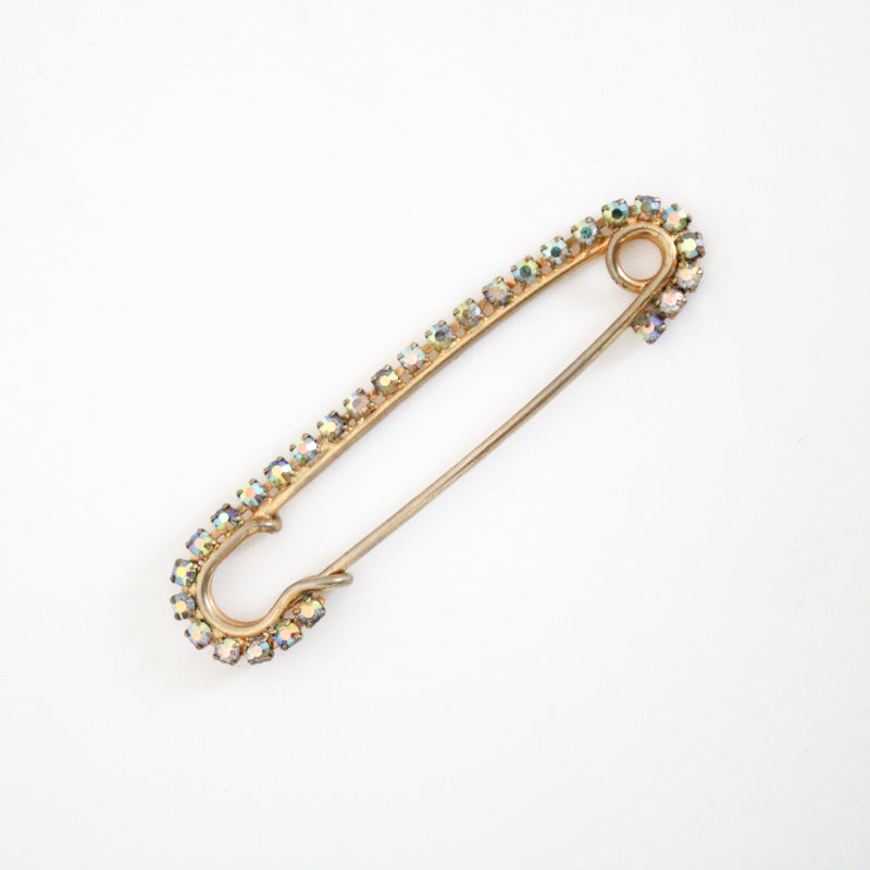 "Rhinestone Safety Pin" Vintage 1950's Statement Iridescent Rhinestone Safety Pin Brooch