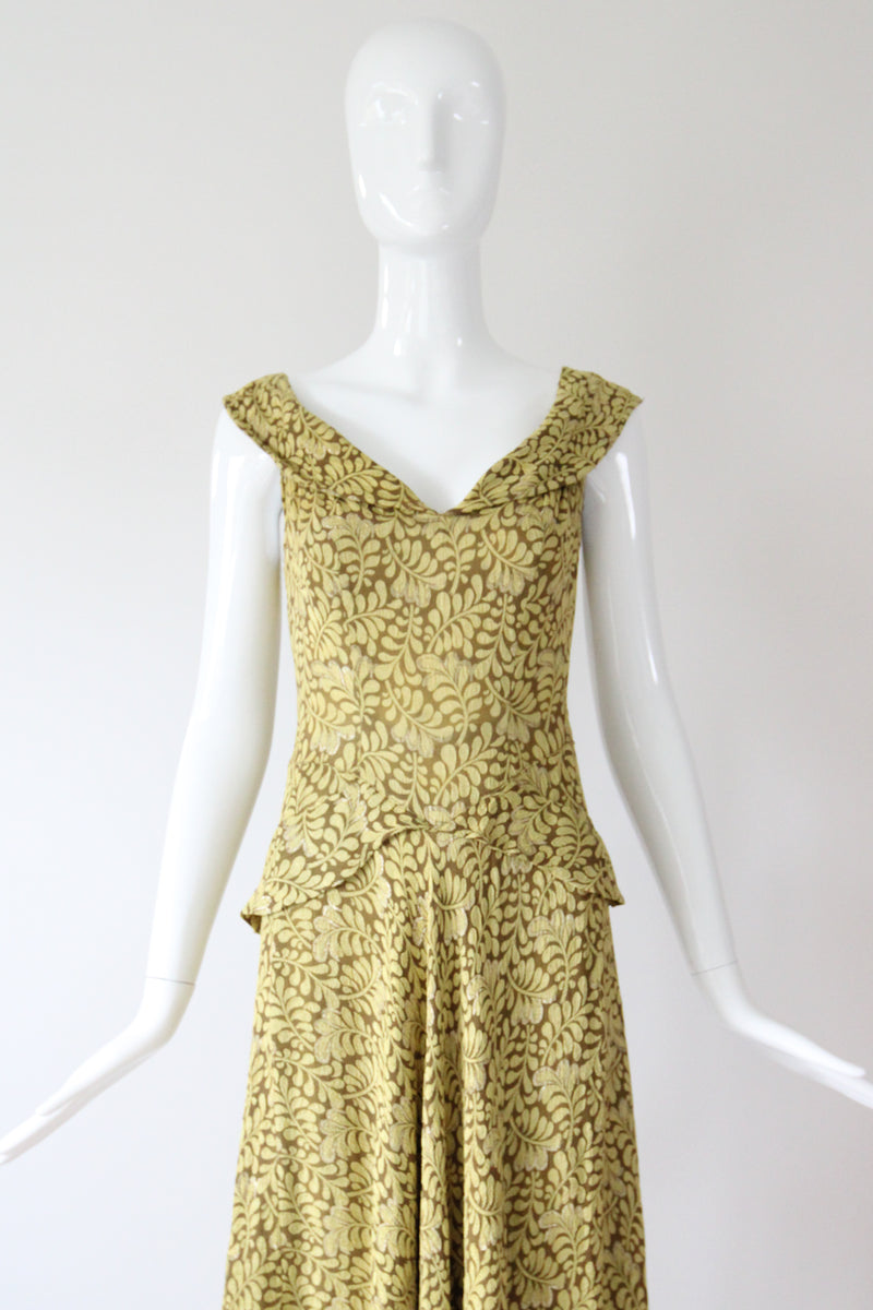 "Chartreuse Lamé" Vintage 1930's Chartreuse Green Lamé Evening Gown UK 6 US 2