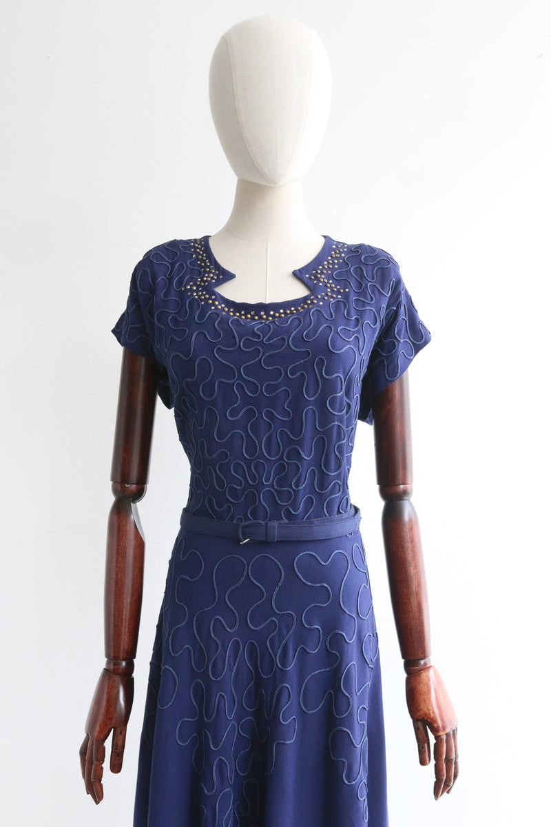 "Soutache & Studs" Vintage 1940's Blue Soutache & Stud Embellished Dress UK 14-16 US 10-12