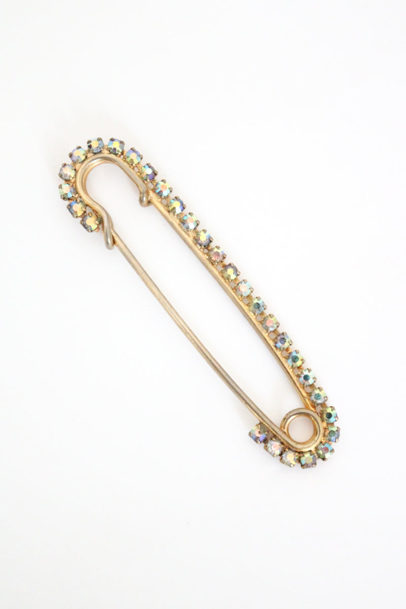 "Rhinestone Safety Pin" Vintage 1950's Statement Iridescent Rhinestone Safety Pin Brooch