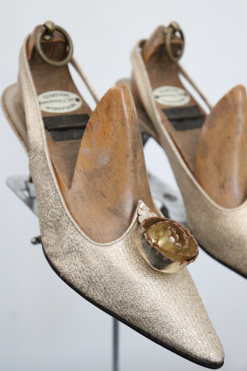 "Gold Lurex Rosettes" Vintage 1960's Christian Dior Gold Lurex Rosette Kitten Heels UK 5 US 7 EU 37