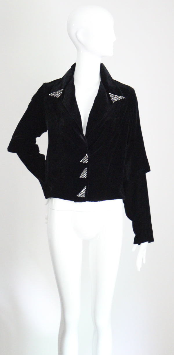 "Rhinestones & Velvet" Vintage 1930's Black Silk Velvet & Rhinestone Jacket UK 10-12 US 6-8