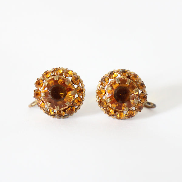 "Amber Rhinestones" Vintage 1940's Amber Rhinestone Screw Back Earrings