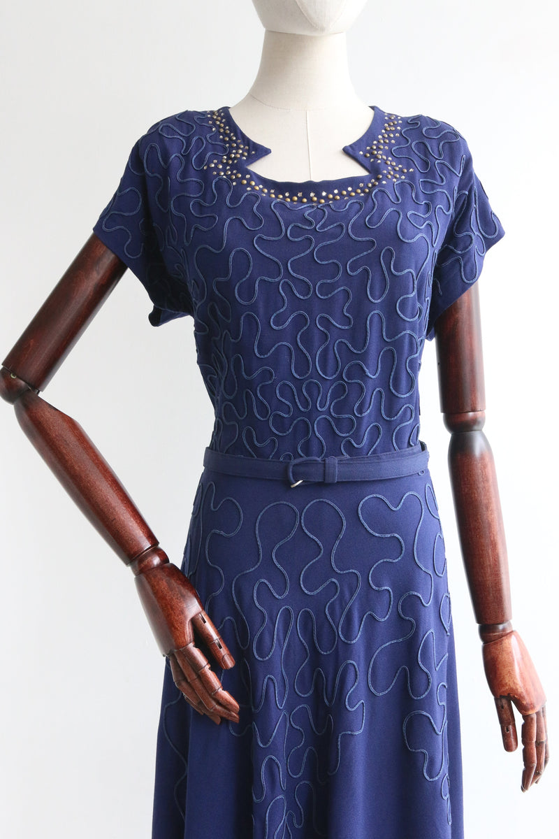 "Soutache & Studs" Vintage 1940's Blue Soutache & Stud Embellished Dress UK 14-16 US 10-12