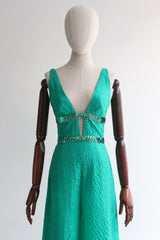 "Emerald Jean Varon" Vintage 1970's Emerald Green Matelasse & Sequin Jumpsuit UK 8 US 4