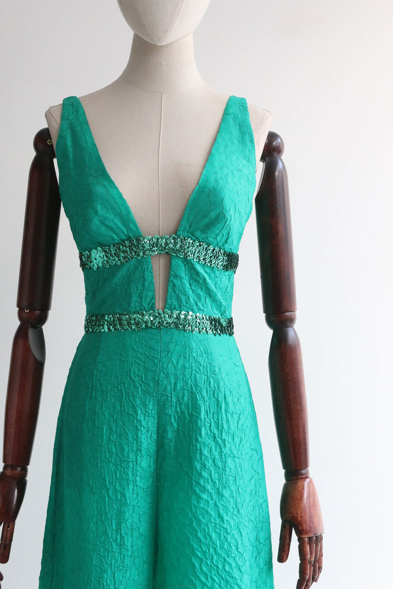 "Emerald Jean Varon" Vintage 1970's Emerald Green Matelasse & Sequin Jumpsuit UK 8 US 4