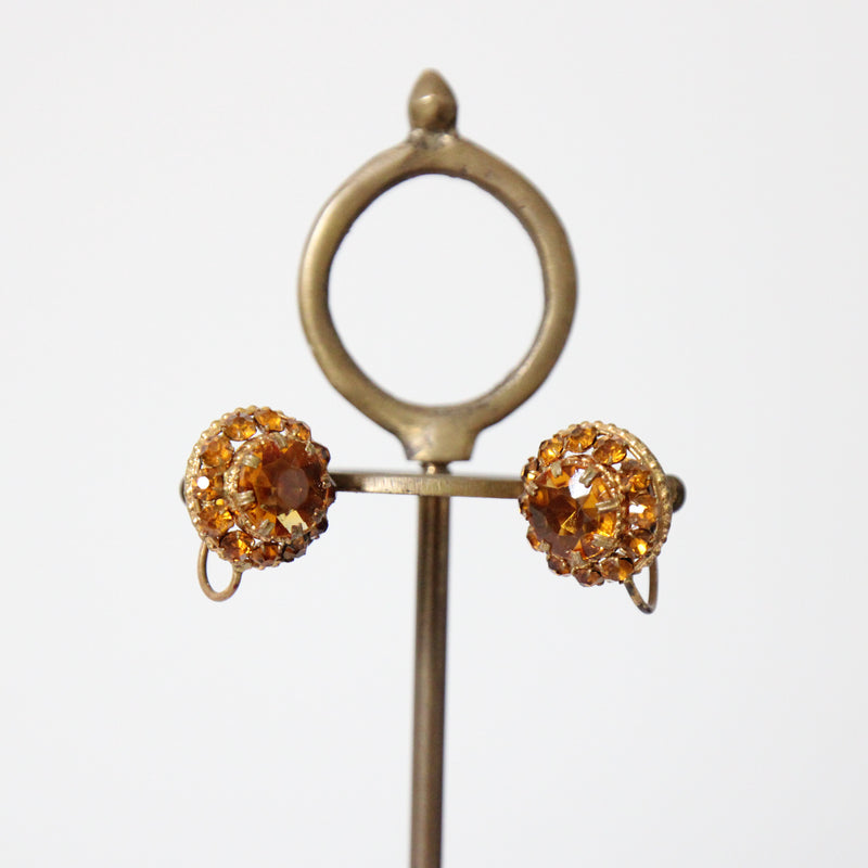 "Amber Rhinestones" Vintage 1940's Amber Rhinestone Screw Back Earrings