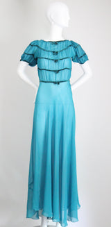 "Turquoise Chiffon & Velvet" Vintage 1930's Turquoise Blue Silk Chiffon & Velvet Dress UK 8 US 4