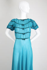 "Turquoise Chiffon & Velvet" Vintage 1930's Turquoise Blue Silk Chiffon & Velvet Dress UK 8 US 4