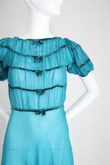 "Turquoise Chiffon & Velvet" Vintage 1930's Turquoise Blue Silk Chiffon & Velvet Dress UK 8 US 4