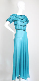"Turquoise Chiffon & Velvet" Vintage 1930's Turquoise Blue Silk Chiffon & Velvet Dress UK 8 US 4