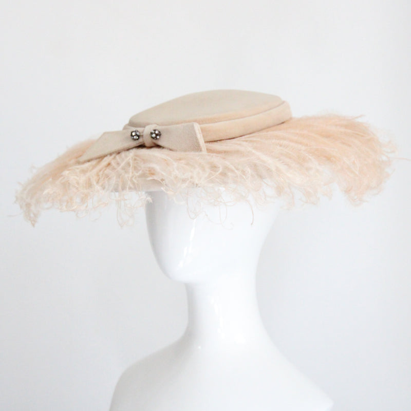 "Blush Velvet & Plumage" Vintage 1950's Blush Velvet & Plumage Saucer Hat