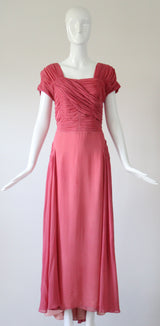 "Rose Silk Chiffon Pleats" Vintage 1940's Rose Silk Chiffon Evening Gown UK 12-14 US 8-10