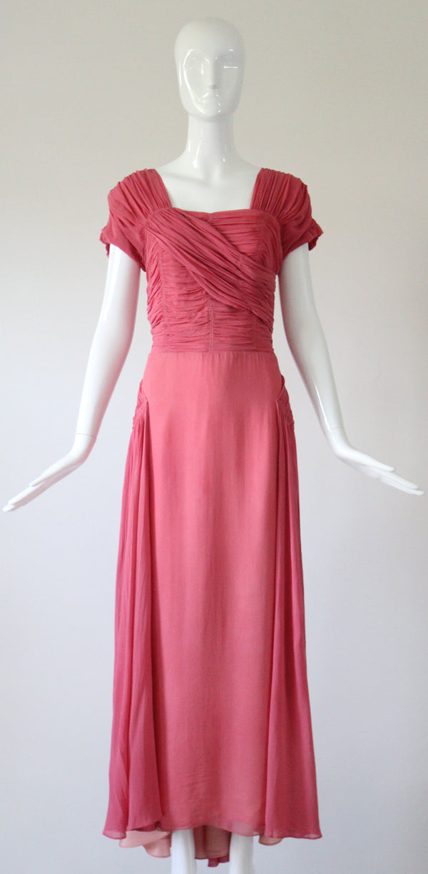 "Rose Silk Chiffon Pleats" Vintage 1940's Rose Silk Chiffon Evening Gown UK 12-14 US 8-10