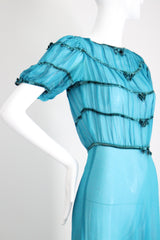 "Turquoise Chiffon & Velvet" Vintage 1930's Turquoise Blue Silk Chiffon & Velvet Dress UK 8 US 4