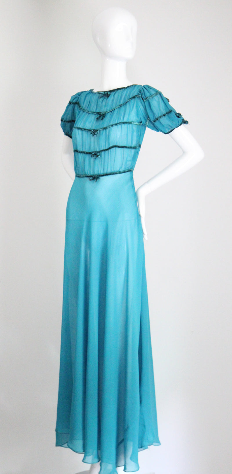 "Turquoise Chiffon & Velvet" Vintage 1930's Turquoise Blue Silk Chiffon & Velvet Dress UK 8 US 4
