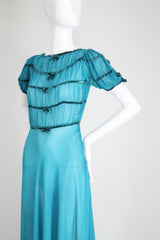 "Turquoise Chiffon & Velvet" Vintage 1930's Turquoise Blue Silk Chiffon & Velvet Dress UK 8 US 4