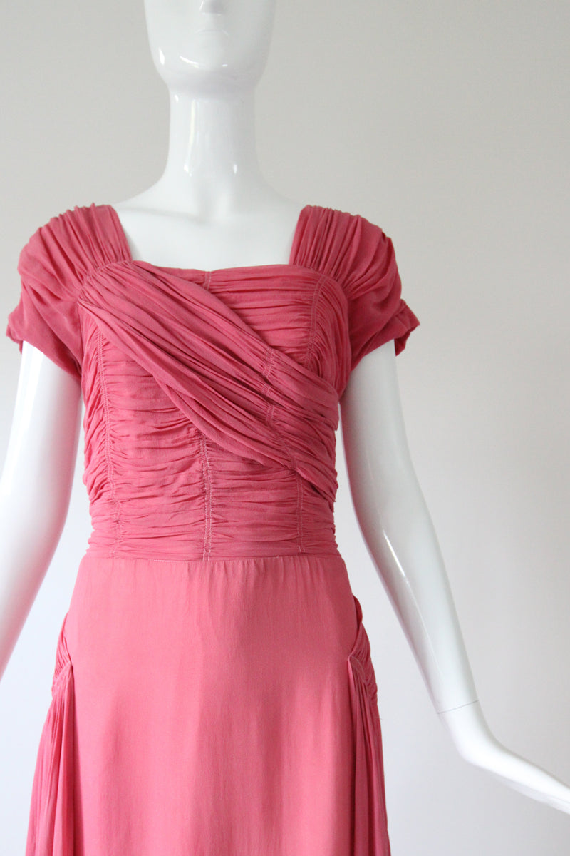 "Rose Silk Chiffon Pleats" Vintage 1940's Rose Silk Chiffon Evening Gown UK 12-14 US 8-10