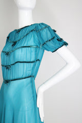 "Turquoise Chiffon & Velvet" Vintage 1930's Turquoise Blue Silk Chiffon & Velvet Dress UK 8 US 4
