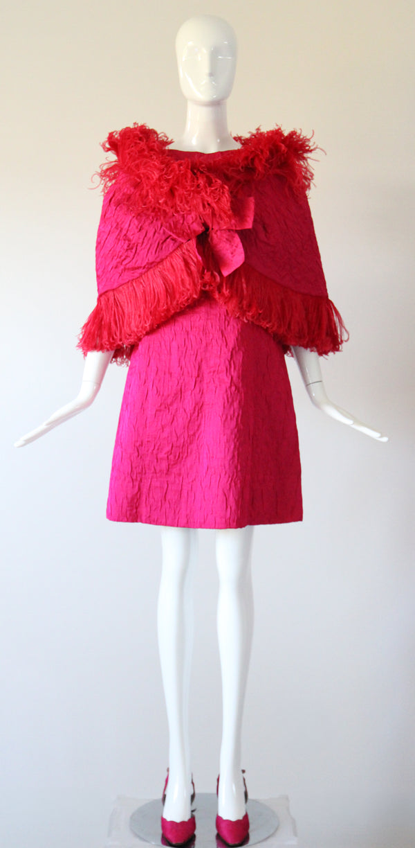 "Tickle Me Pink" Vintage 1960's Satin Matelasse Dress, Capelet & Shoe Set UK 12 US 8