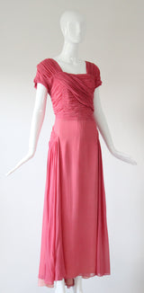 "Rose Silk Chiffon Pleats" Vintage 1940's Rose Silk Chiffon Evening Gown UK 12-14 US 8-10