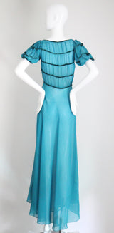 "Turquoise Chiffon & Velvet" Vintage 1930's Turquoise Blue Silk Chiffon & Velvet Dress UK 8 US 4
