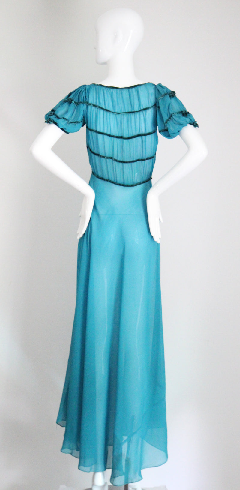 "Turquoise Chiffon & Velvet" Vintage 1930's Turquoise Blue Silk Chiffon & Velvet Dress UK 8 US 4