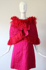"Tickle Me Pink" Vintage 1960's Satin Matelasse Dress, Capelet & Shoe Set UK 12 US 8