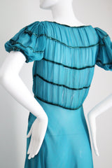 "Turquoise Chiffon & Velvet" Vintage 1930's Turquoise Blue Silk Chiffon & Velvet Dress UK 8 US 4